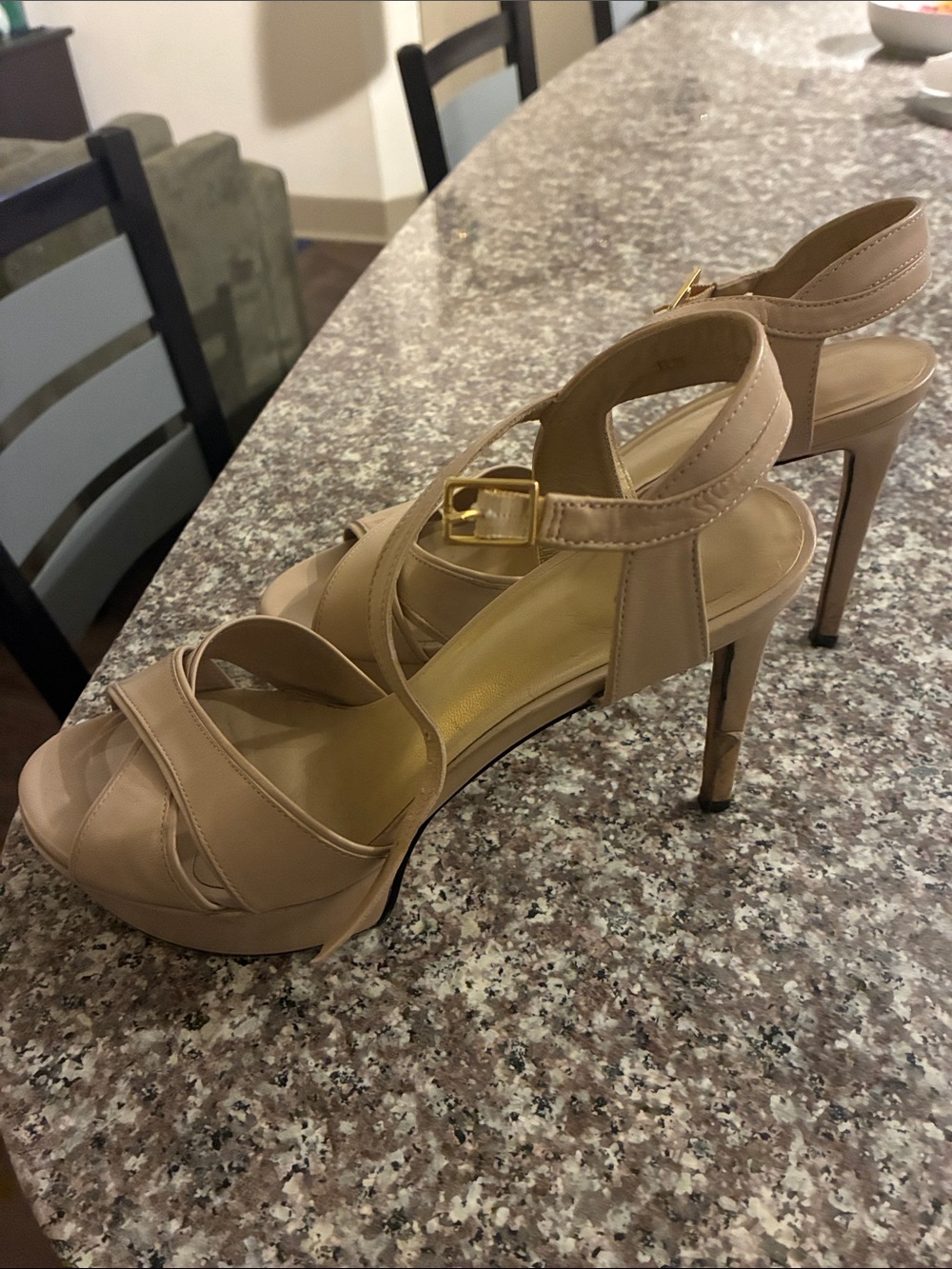 Stuart Weitzman Beige Strappy High Heel Sandals with Gold Buckle